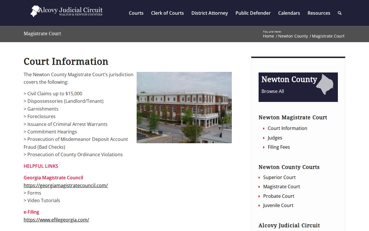 Newton County Magistrate Court page describing criminal arrest warrant jurisdiction