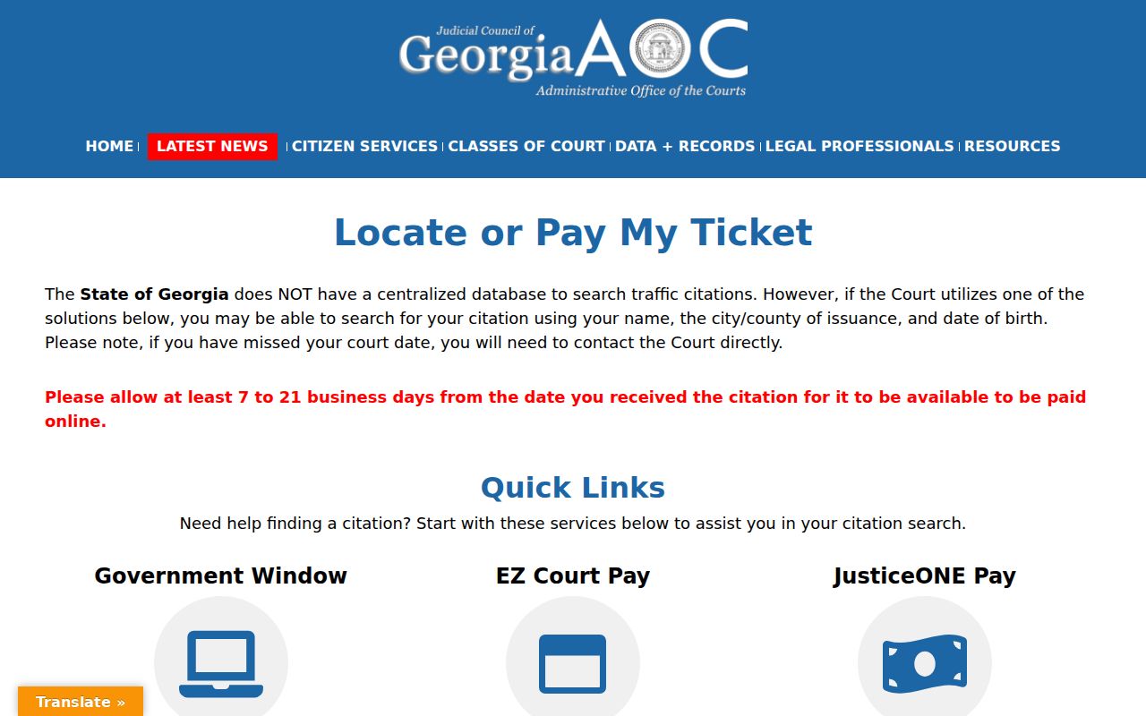 Georgia Courts notice about locating a Newton County traffic citation through the issuing court