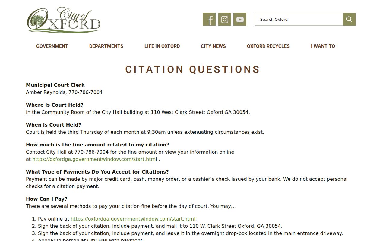 Oxford citation help page showing the clerk route and court calendar