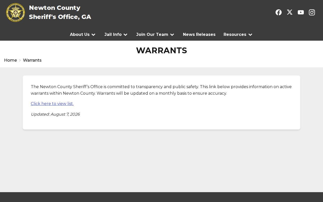 Newton County Sheriff's Office Warrants page with monthly update notice